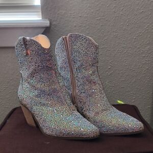 Matisse Harlow clear rhinestone western ankle boots.